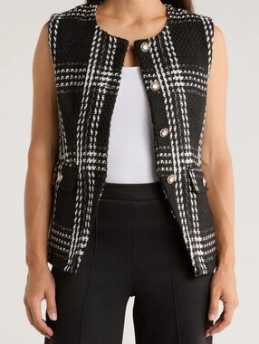 NWT Ellen Tracy Black and White Tweed Button Front Vest - Size Medium
